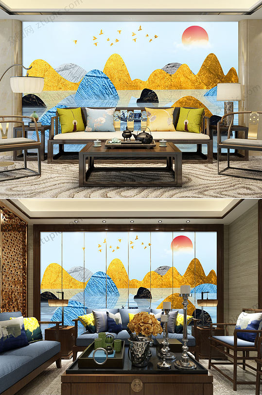 新中式大气抽象山水背景墙-众图网